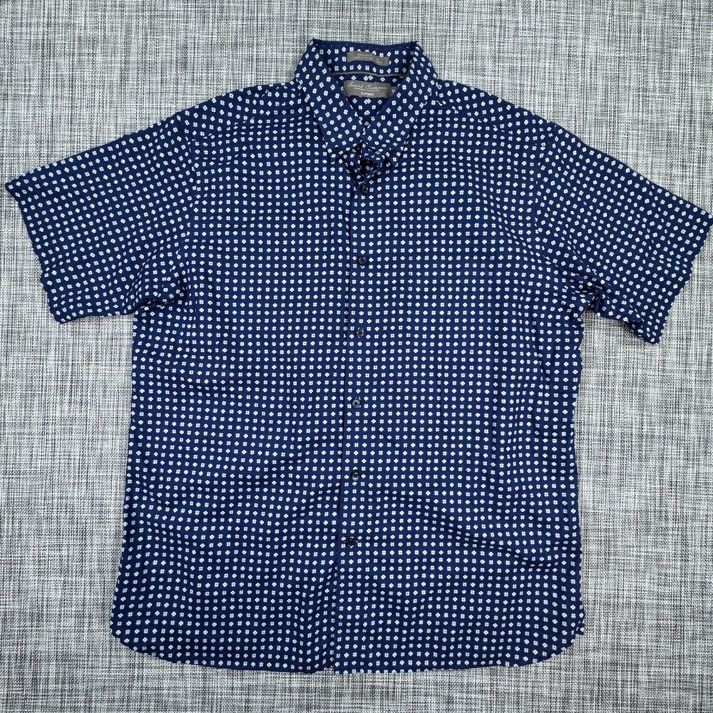 Cremieux Mens Shirt XL Blue Medallion Supima Cotton Short Sleeve Button Down